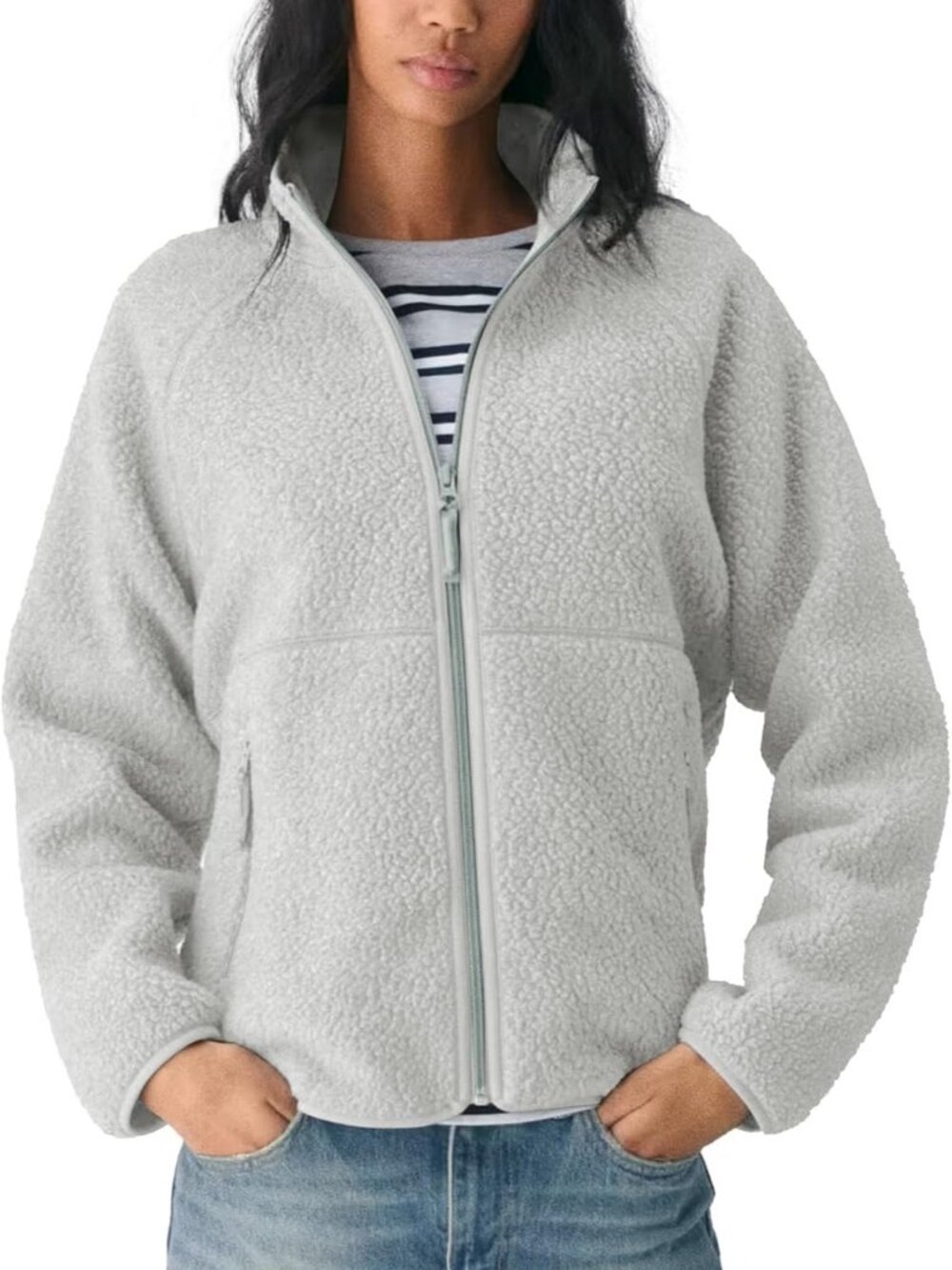 Women's Light Grey Fuzzy Fleece Jacket Full Zip Fall Winter Sherpa Warm Coats